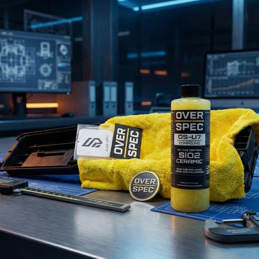 Over Spec car care products including a bottle and towel on a workbench with a blurred background.