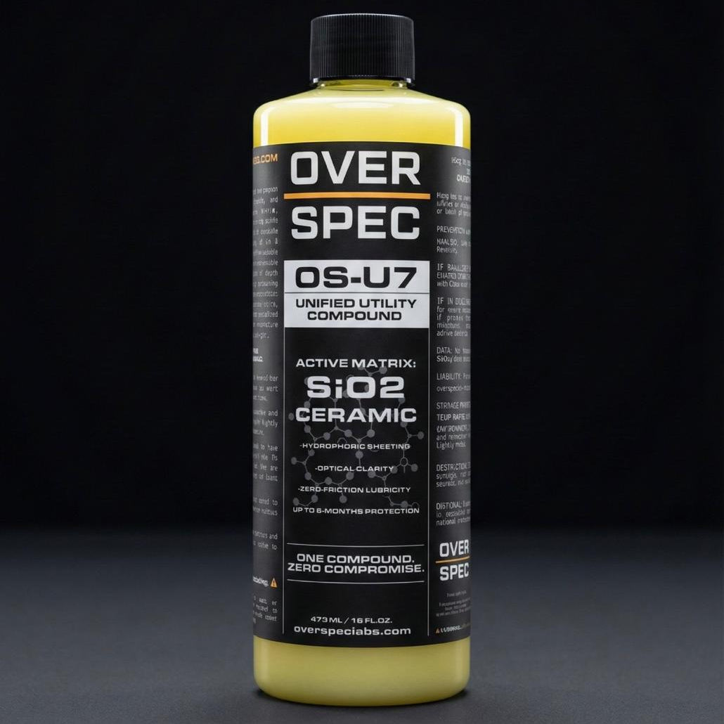 Bottle of Over Spec OS-U7 Unified Utility Compound on a black background