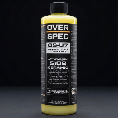 Bottle of Over Spec OS-U7 Unified Utility Compound on a black background