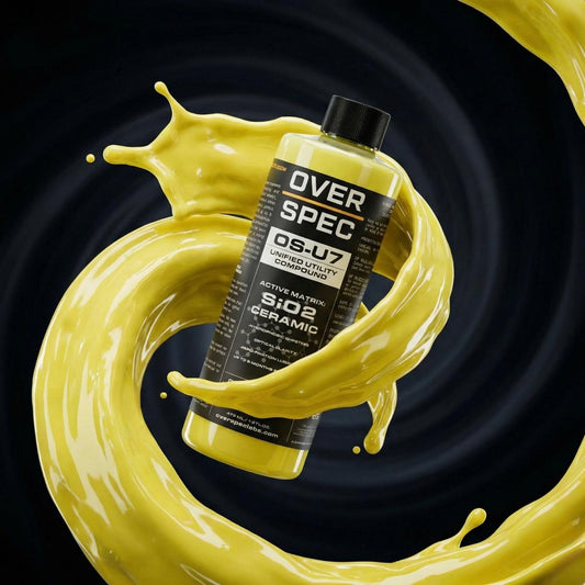 Bottle of Over Spec OSU7 product with yellow liquid splash on a dark background
